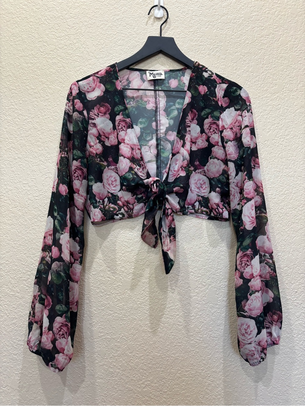 Show Me Your Mumu Floral Sheer Long Sleeve Tie Front Crop Top Boho Size Large